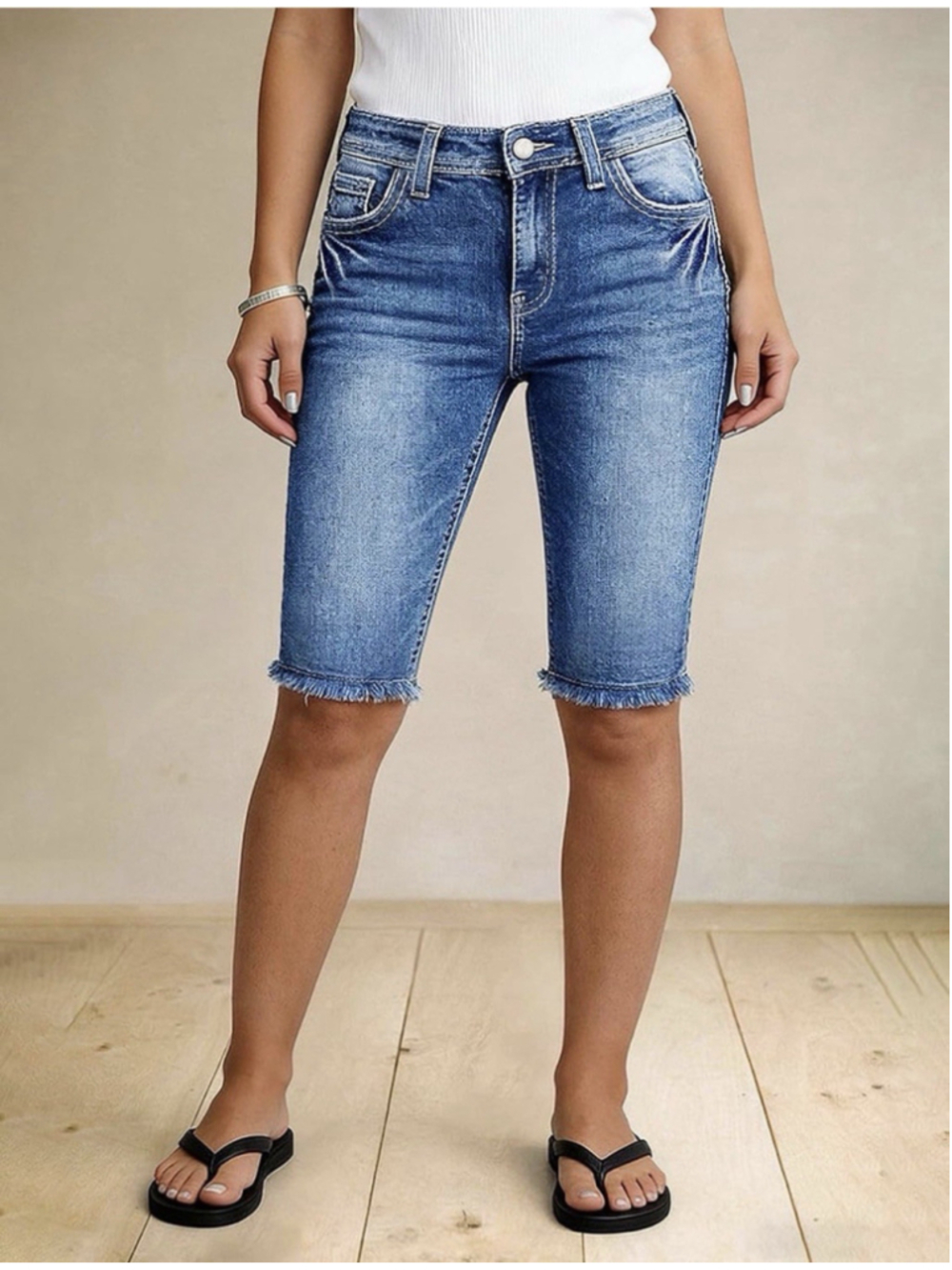 Flamingals High Waist Denim Bermuda Shorts for Women Star Stripe Embroidery 2XL